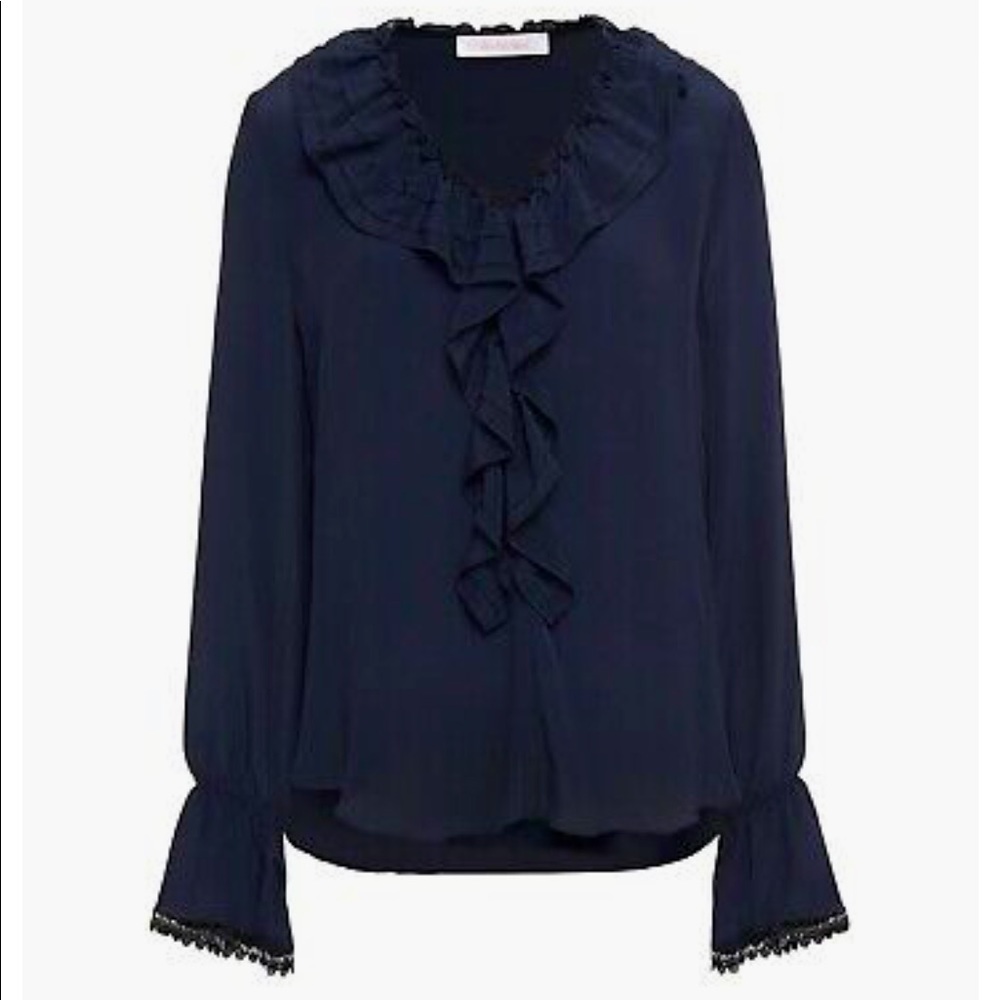 💙See By Chloé💙 Crepe De Chine Chiffon Ruffle Blouse S EUR 34 Ink Navy $375